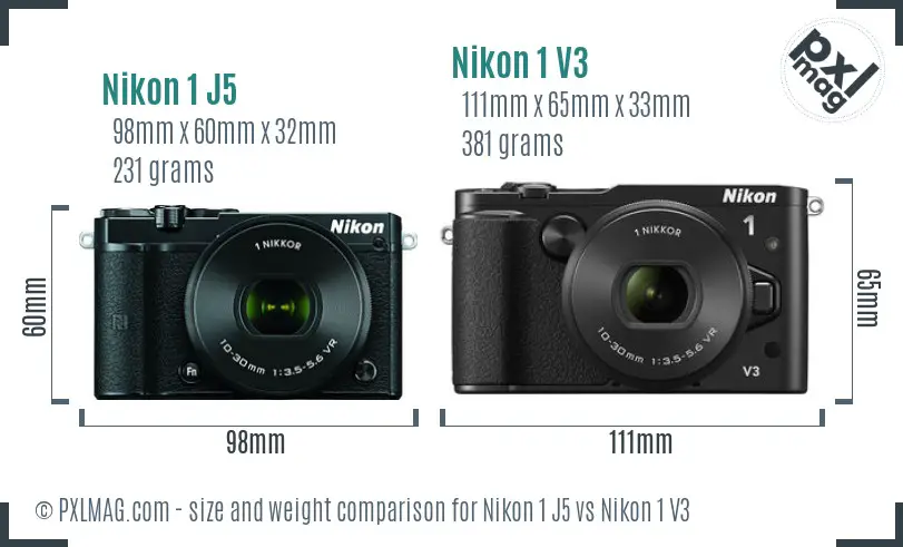 Nikon 1 J5 vs Nikon 1 V3 size comparison