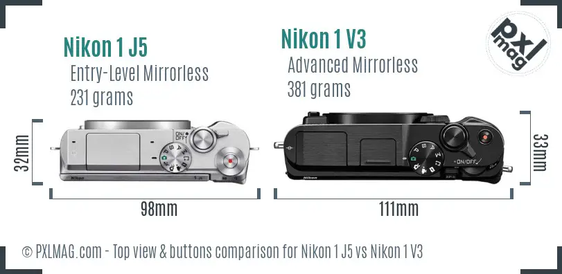Nikon 1 J5 vs Nikon 1 V3 top view buttons comparison