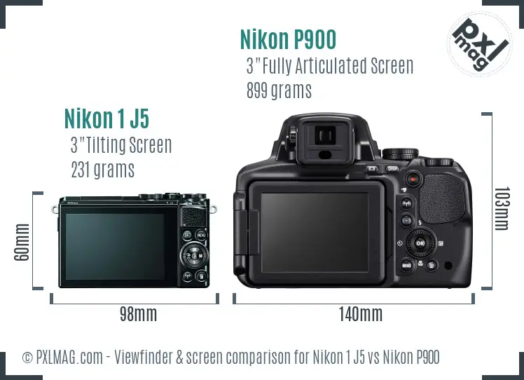 Nikon 1 J5 vs Nikon P900 Screen and Viewfinder comparison