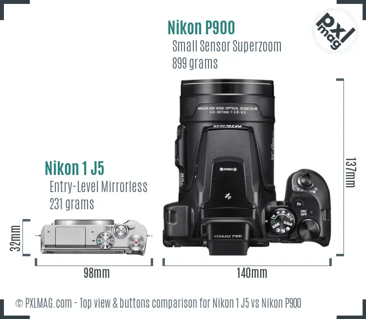 Nikon 1 J5 vs Nikon P900 top view buttons comparison
