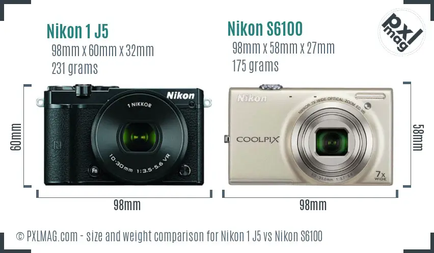 Nikon 1 J5 vs Nikon S6100 size comparison Nikon 1 J5 vs Nikon S6100 size comparison
