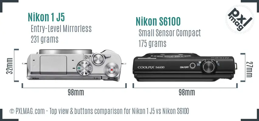 Nikon 1 J5 vs Nikon S6100 top view buttons comparison Nikon 1 J5 vs Nikon S6100 top view buttons comparison