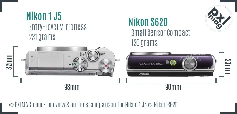 Nikon 1 J5 vs Nikon S620 top view buttons comparison