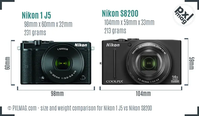 Nikon 1 J5 vs Nikon S8200 size comparison
