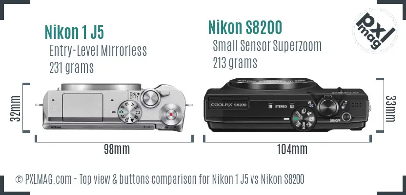 Nikon 1 J5 vs Nikon S8200 top view buttons comparison