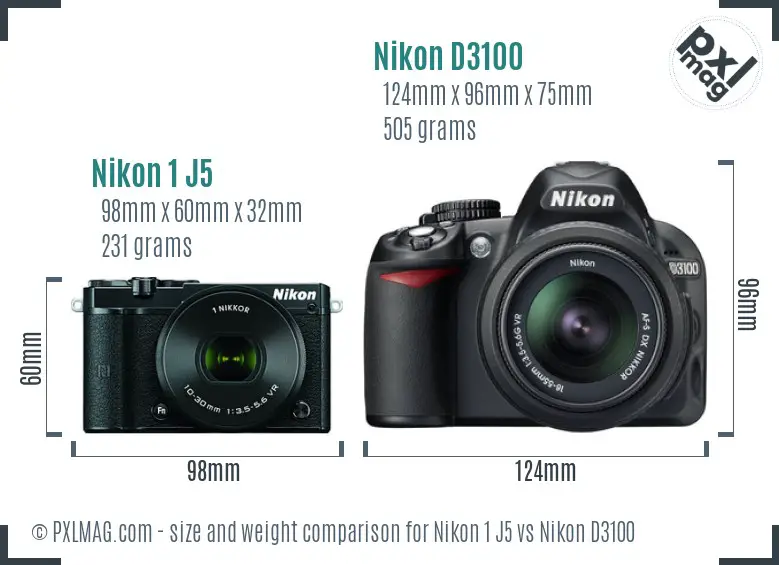 Nikon 1 J5 vs Nikon D3100 size comparison