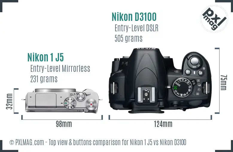 Nikon 1 J5 vs Nikon D3100 top view buttons comparison