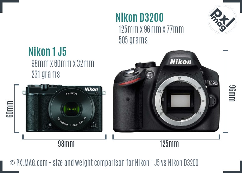 Nikon 1 J5 vs Nikon D3200 size comparison Nikon 1 J5 vs Nikon D3200 size comparison