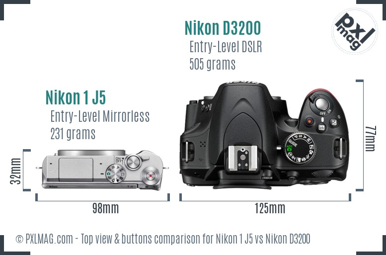 Nikon 1 J5 vs Nikon D3200 top view buttons comparison