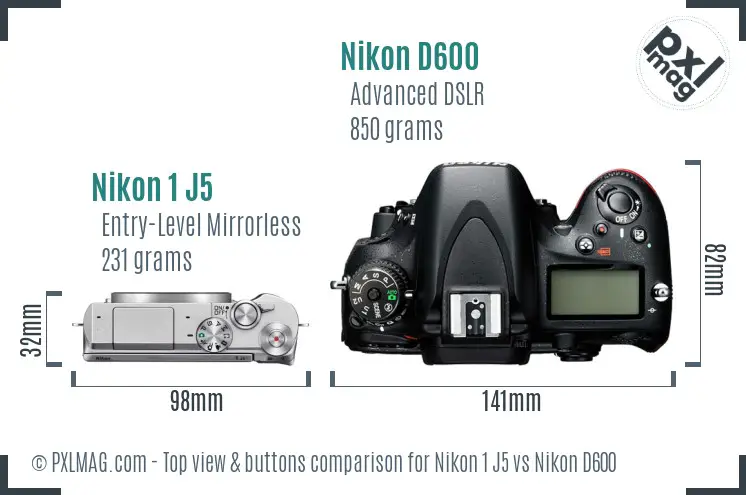 Nikon 1 J5 vs Nikon D600 top view buttons comparison