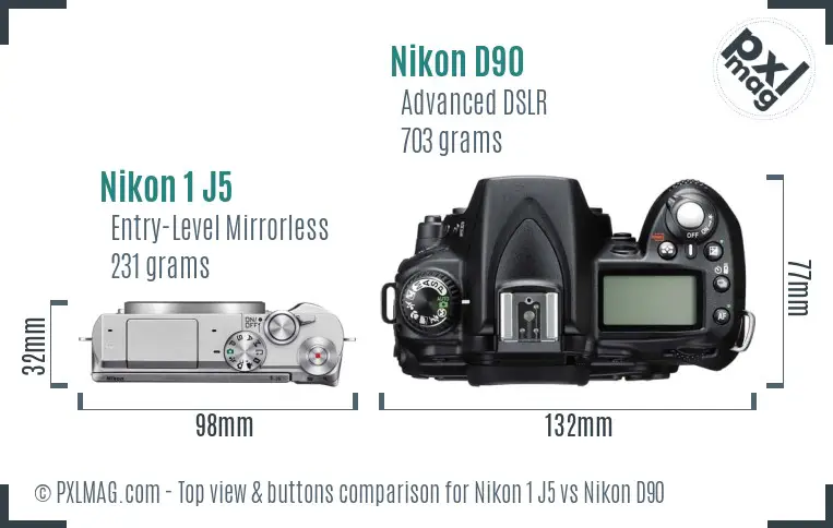 Nikon 1 J5 vs Nikon D90 top view buttons comparison Nikon 1 J5 vs Nikon D90 top view buttons comparison