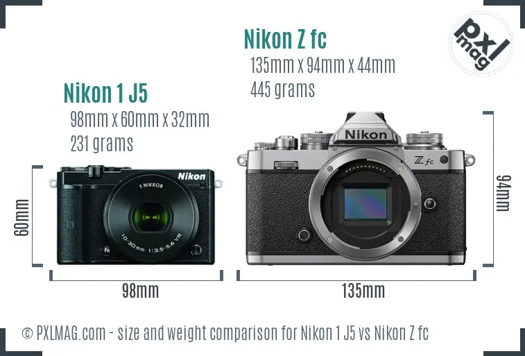 Nikon 1 J5 vs Nikon Z fc size comparison