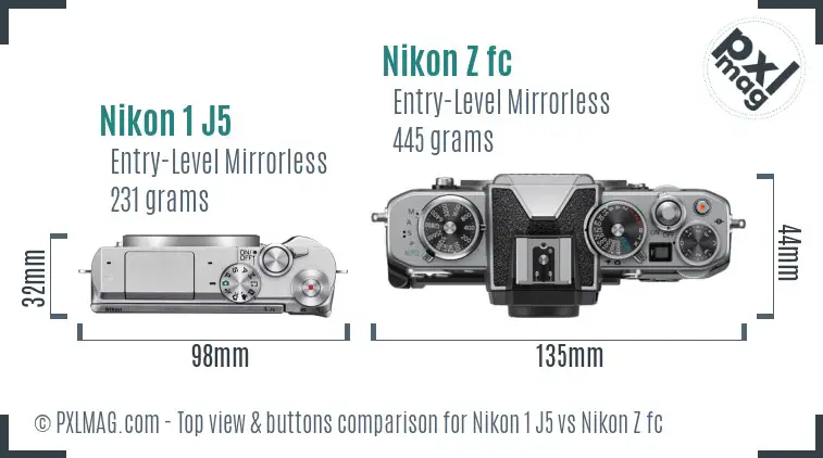 Nikon 1 J5 vs Nikon Z fc top view buttons comparison