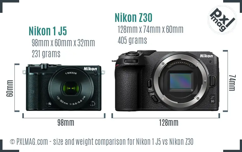 Nikon 1 J5 vs Nikon Z30 size comparison Nikon 1 J5 vs Nikon Z30 size comparison