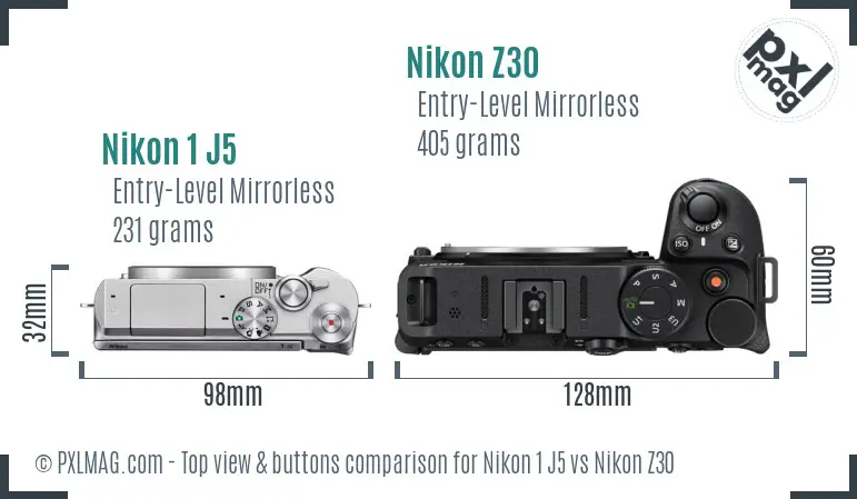 Nikon 1 J5 vs Nikon Z30 top view buttons comparison Nikon 1 J5 vs Nikon Z30 top view buttons comparison