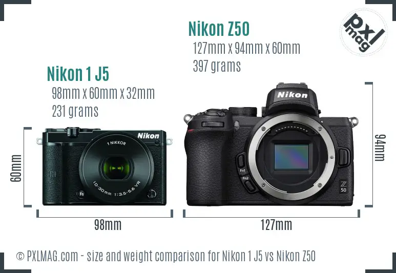 Nikon 1 J5 vs Nikon Z50 size comparison Nikon 1 J5 vs Nikon Z50 size comparison