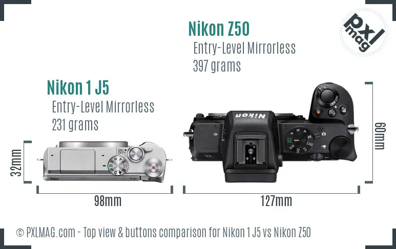 Nikon 1 J5 vs Nikon Z50 top view buttons comparison Nikon 1 J5 vs Nikon Z50 top view buttons comparison