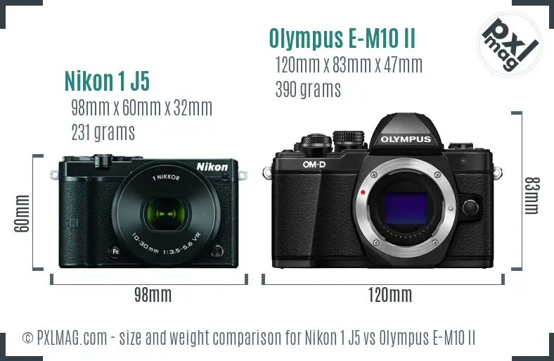 Nikon 1 J5 vs Olympus E-M10 II size comparison