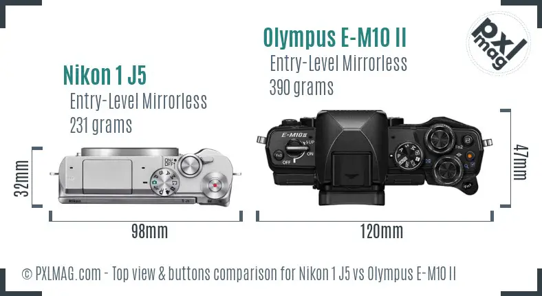 Nikon 1 J5 vs Olympus E-M10 II top view buttons comparison