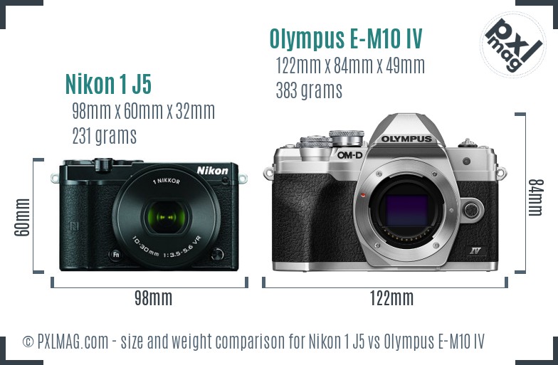 Nikon 1 J5 vs Olympus E-M10 IV size comparison