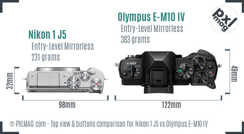 Nikon 1 J5 vs Olympus E-M10 IV top view buttons comparison