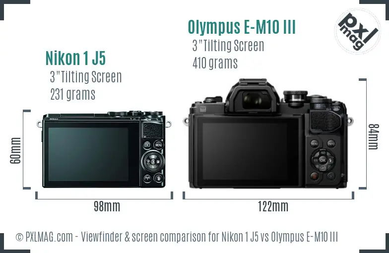 Nikon 1 J5 vs Olympus E-M10 III Screen and Viewfinder comparison