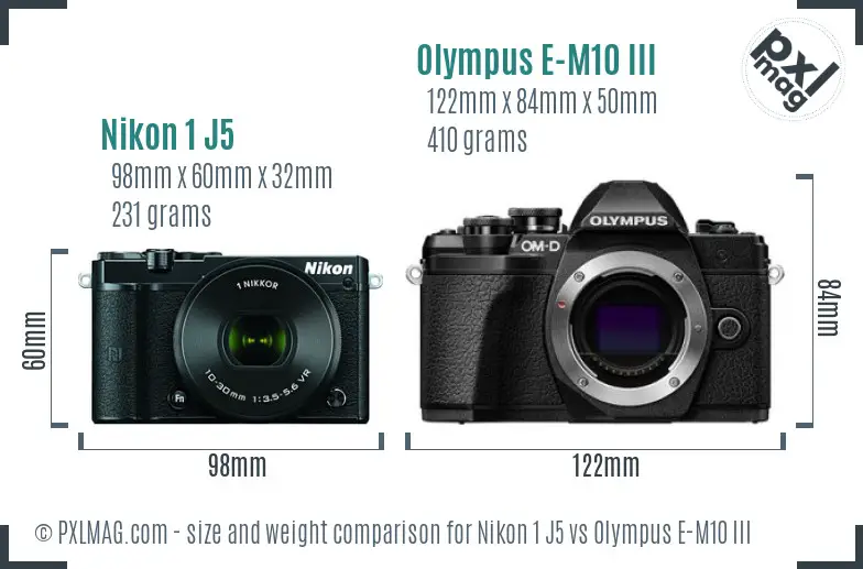 Nikon 1 J5 vs Olympus E-M10 III size comparison