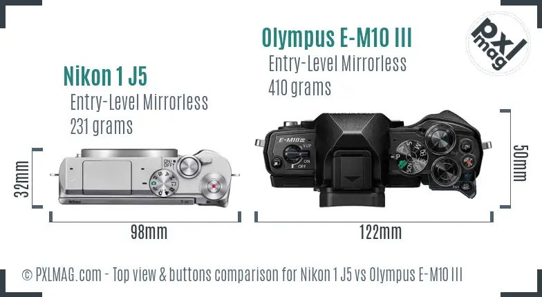 Nikon 1 J5 vs Olympus E-M10 III top view buttons comparison