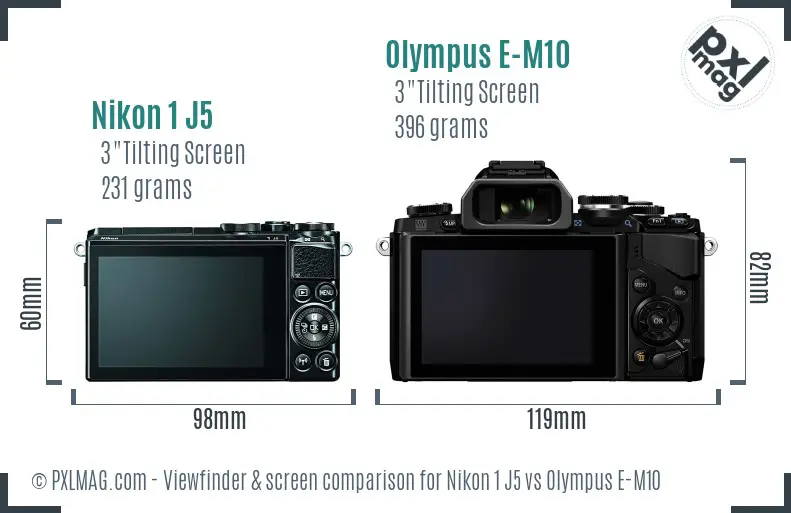 Nikon 1 J5 vs Olympus E-M10 Screen and Viewfinder comparison