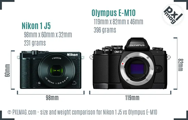 Nikon 1 J5 vs Olympus E-M10 size comparison