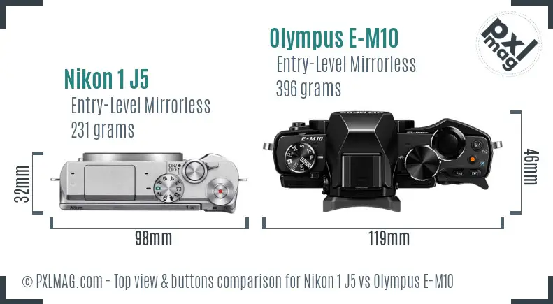 Nikon 1 J5 vs Olympus E-M10 top view buttons comparison