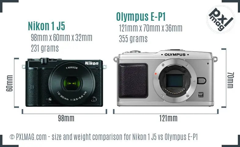 Nikon 1 J5 vs Olympus E-P1 size comparison