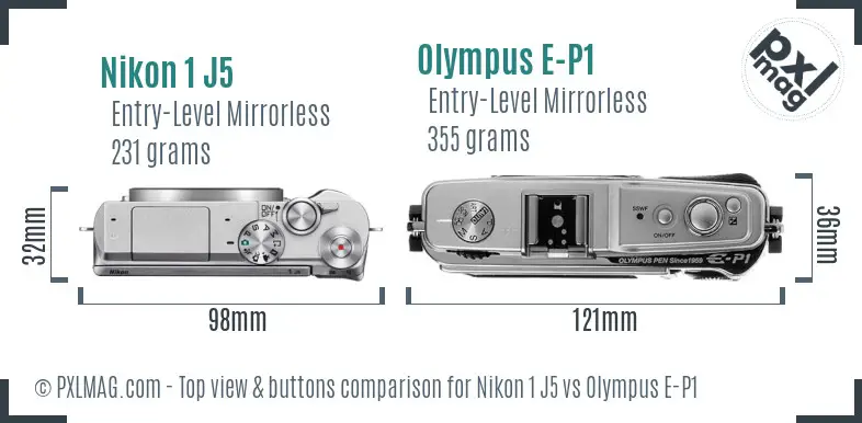 Nikon 1 J5 vs Olympus E-P1 top view buttons comparison