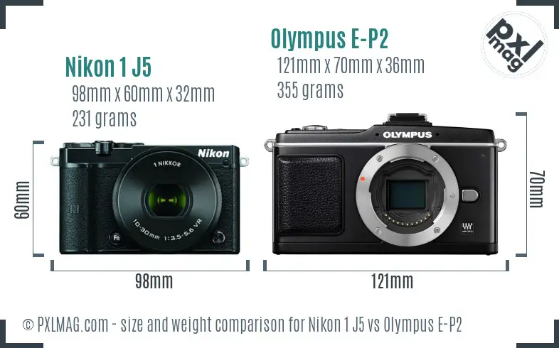 Nikon 1 J5 vs Olympus E-P2 size comparison