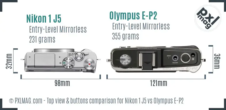 Nikon 1 J5 vs Olympus E-P2 top view buttons comparison