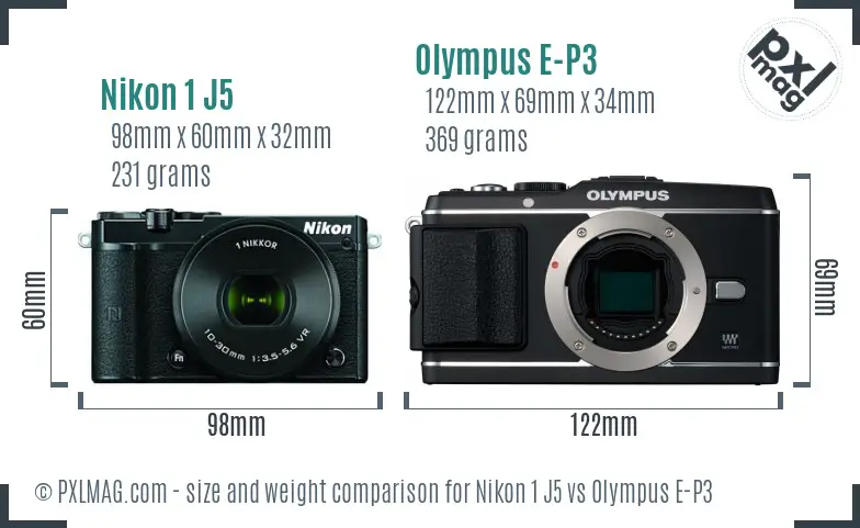 Nikon 1 J5 vs Olympus E-P3 size comparison