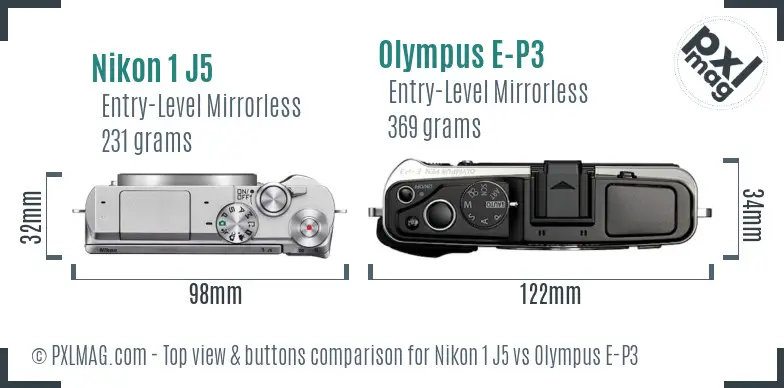 Nikon 1 J5 vs Olympus E-P3 top view buttons comparison