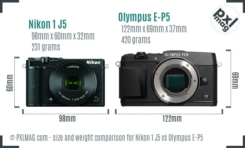 Nikon 1 J5 vs Olympus E-P5 size comparison