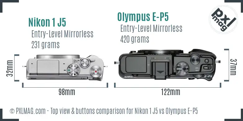 Nikon 1 J5 vs Olympus E-P5 top view buttons comparison