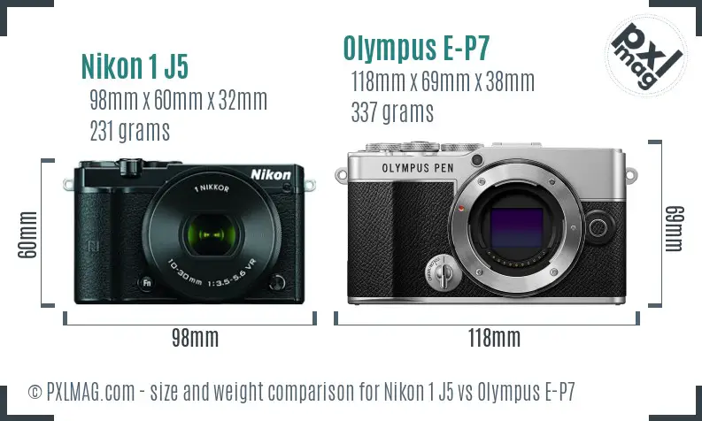 Nikon 1 J5 vs Olympus E-P7 size comparison