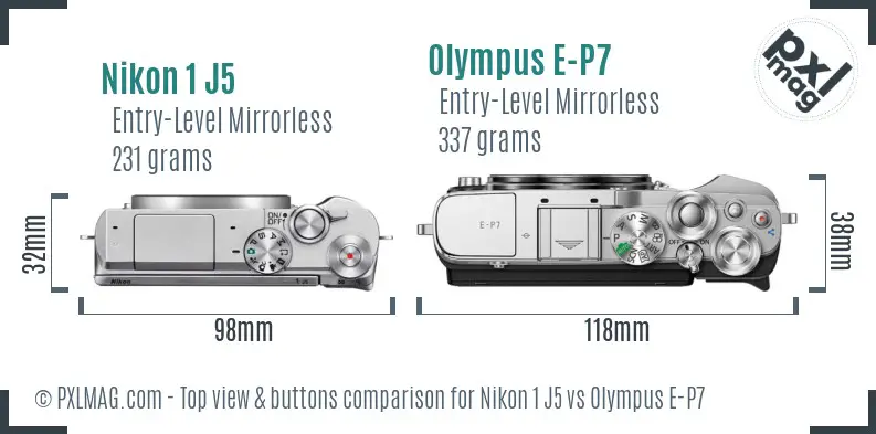 Nikon 1 J5 vs Olympus E-P7 top view buttons comparison