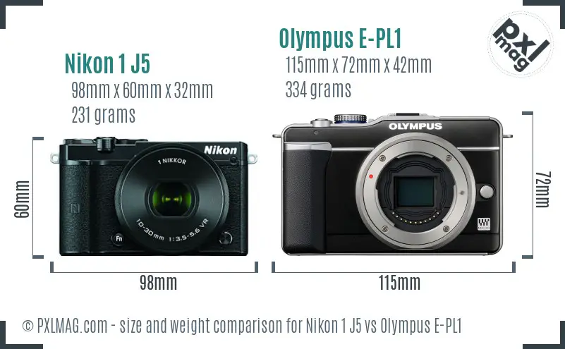 Nikon 1 J5 vs Olympus E-PL1 size comparison