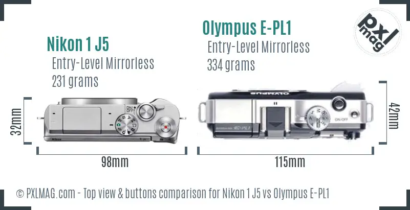 Nikon 1 J5 vs Olympus E-PL1 top view buttons comparison