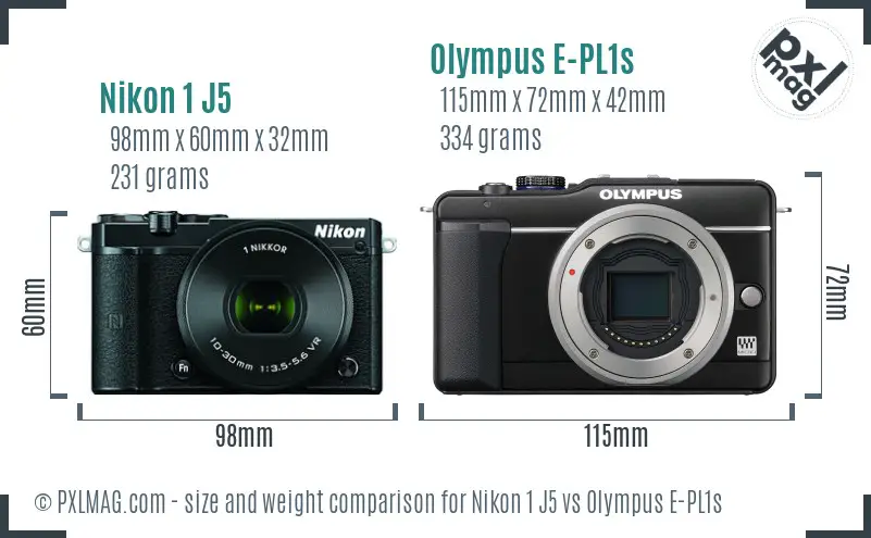 Nikon 1 J5 vs Olympus E-PL1s size comparison