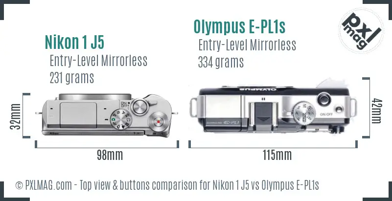 Nikon 1 J5 vs Olympus E-PL1s top view buttons comparison