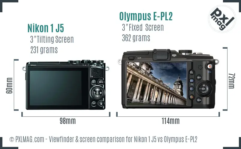 Nikon 1 J5 vs Olympus E-PL2 Screen and Viewfinder comparison