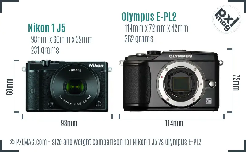 Nikon 1 J5 vs Olympus E-PL2 size comparison