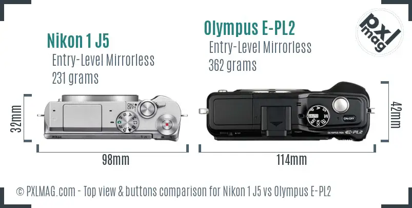 Nikon 1 J5 vs Olympus E-PL2 top view buttons comparison