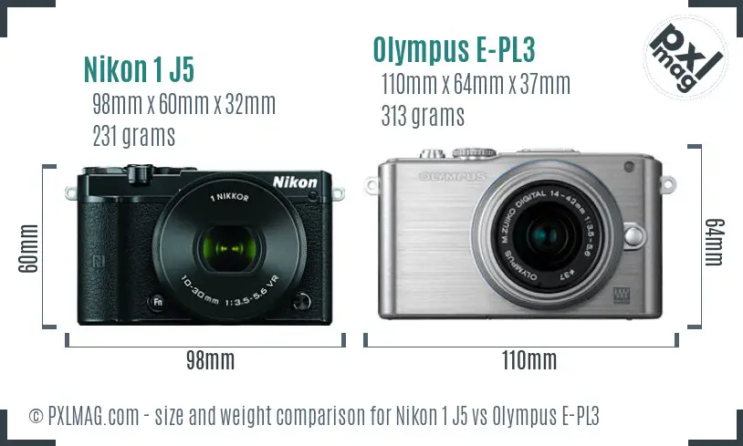 Nikon 1 J5 vs Olympus E-PL3 size comparison Nikon 1 J5 vs Olympus E-PL3 size comparison
