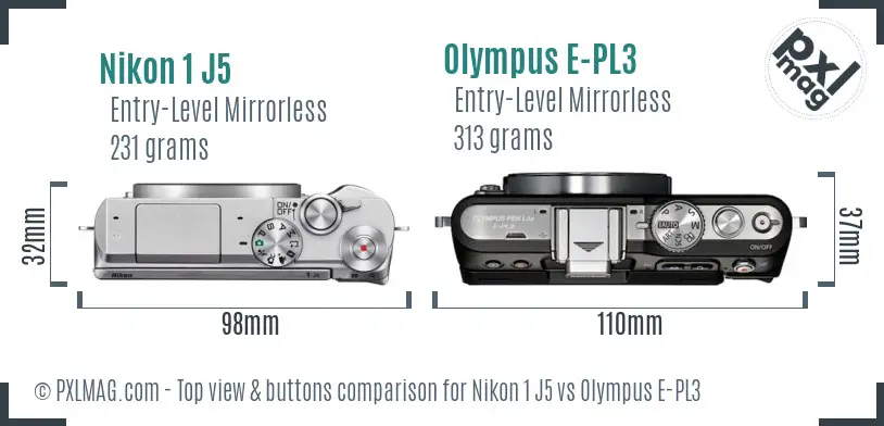 Nikon 1 J5 vs Olympus E-PL3 top view buttons comparison Nikon 1 J5 vs Olympus E-PL3 top view buttons comparison